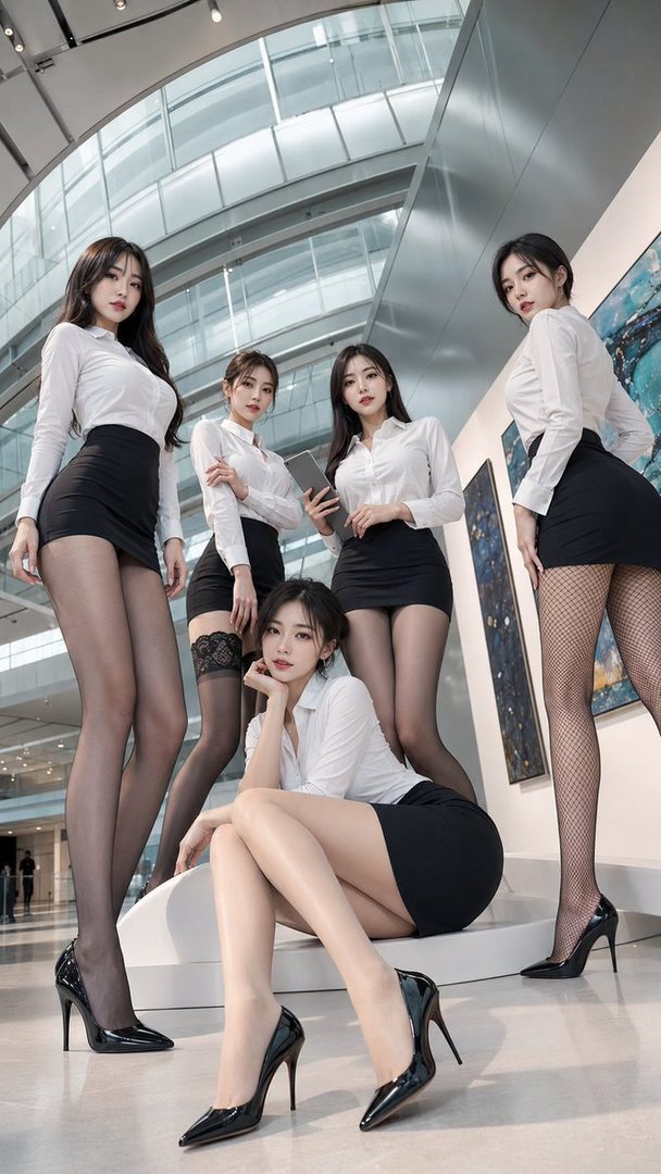 Five AI-generated women in white blouses and short black skirts pose in a modern indoor setting.