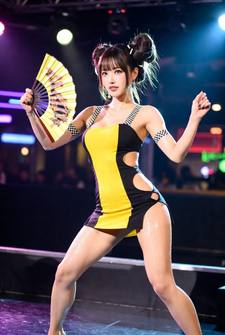 A young woman with twin buns and bangs, wearing a yellow and black cutout dress, holds a fan on a stage with colorful lighting.