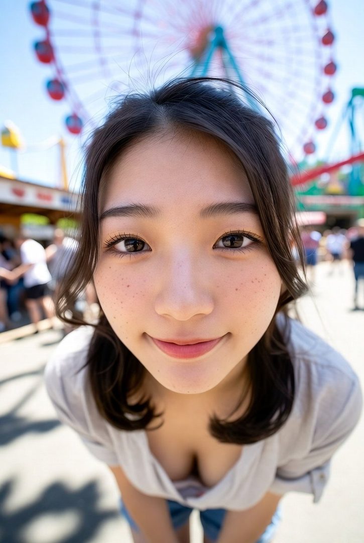 A young East Asian woman with dark hair and freckles smiles at the camera, with a Ferris wheel in the background at an amusement park.