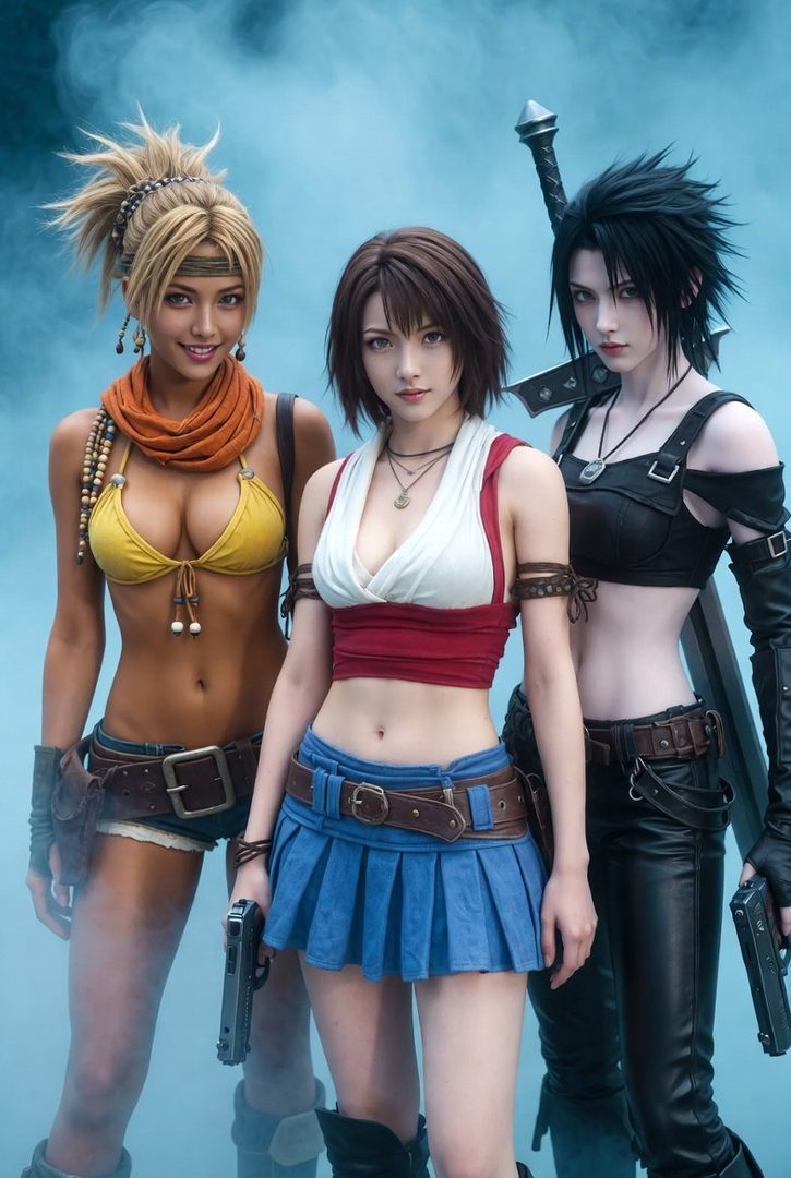 Three women in cosplay outfits, inspired by Final Fantasy X-2, posing with weapons.