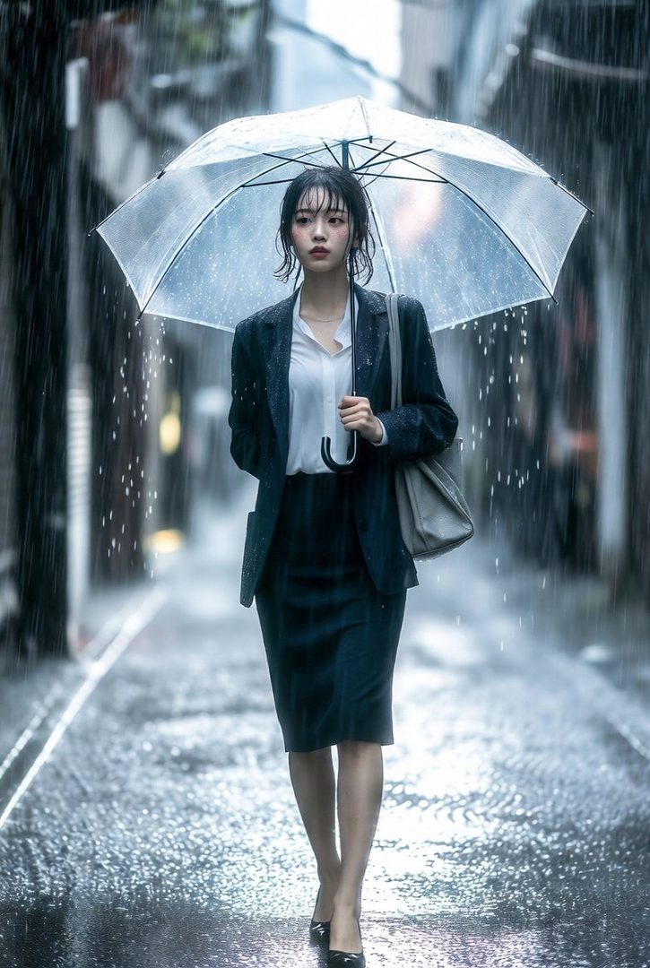 A young woman in a business suit walks down a rainy street holding a clear umbrella.