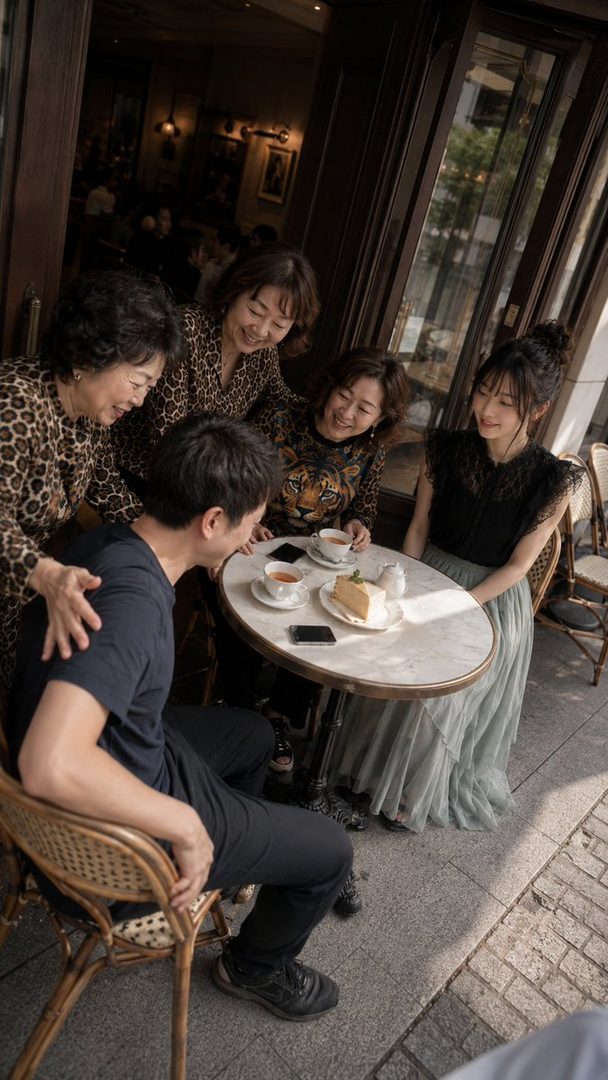 A group of four women and one man are gathered around a table at an outdoor cafe, enjoying cake and tea.