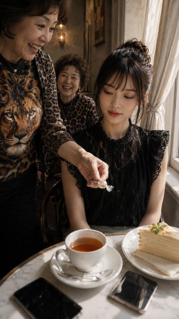 Three East Asian women of different ages are sitting at a table with tea and cake, one older woman is offering a candy to a younger woman.