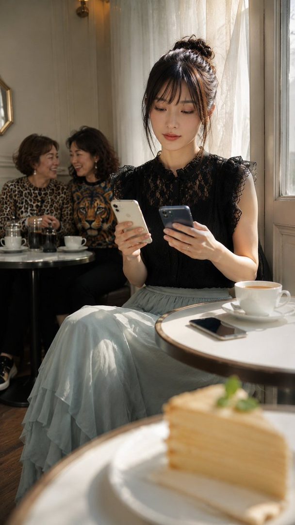 A young East Asian woman with her hair in a bun, wearing a black lace top and a light blue ruffled skirt, looks down at her two smartphones while sitting at a cafe table. Two other women are visible in the background, chatting and smiling.