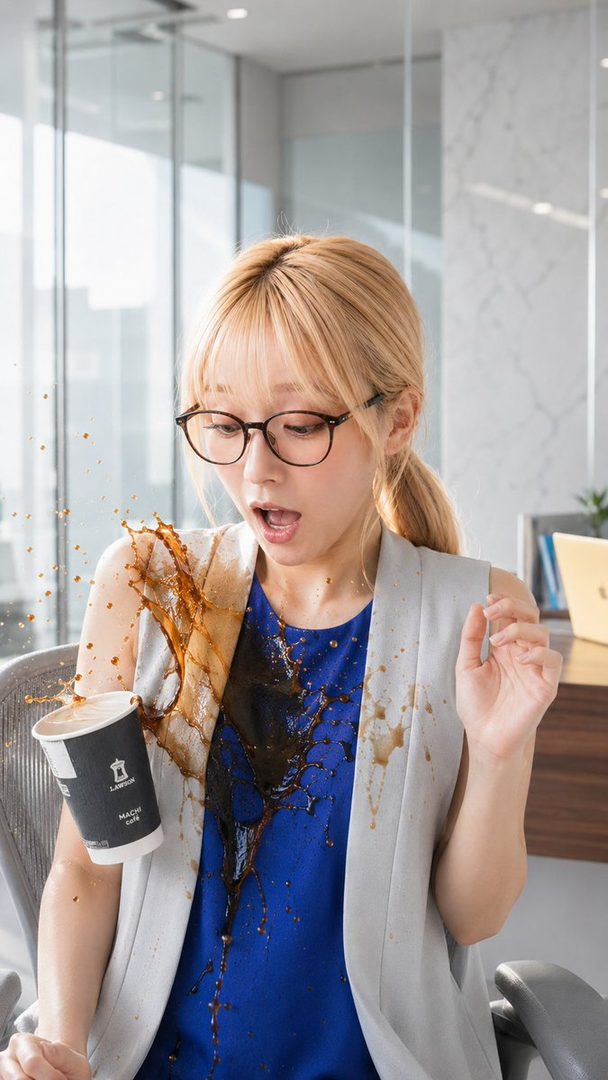 A woman in an office setting spills coffee on herself, looking surprised.