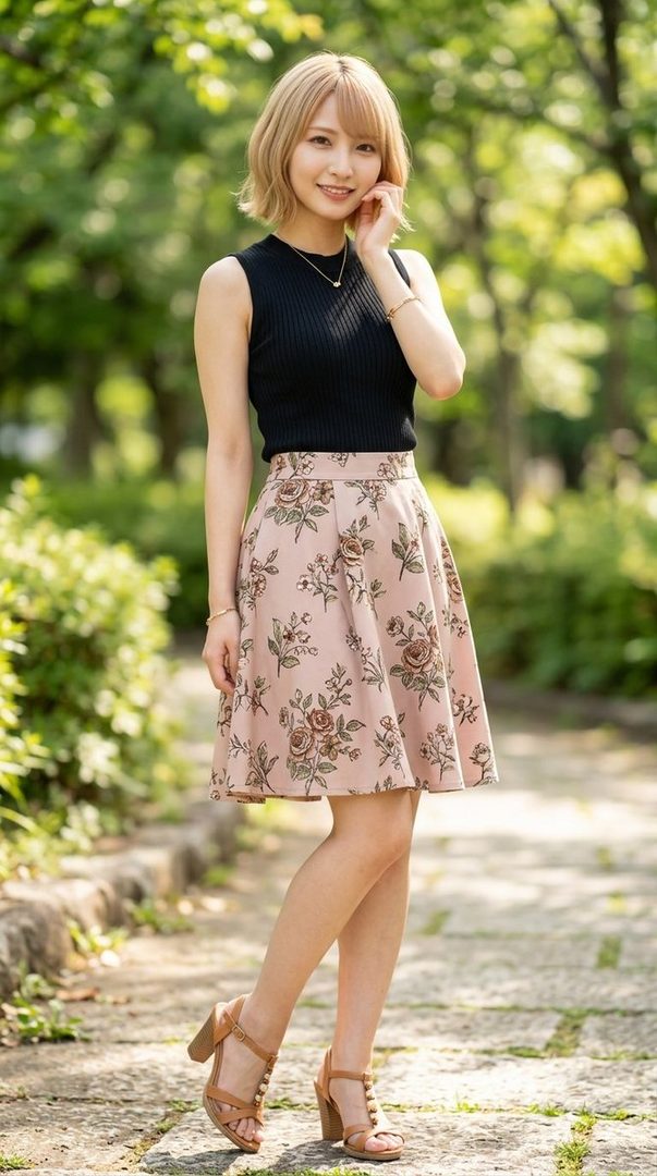 A young Japanese woman with short blonde hair and bangs, wearing a black sleeveless top and a floral print skirt, poses outdoors in a park.