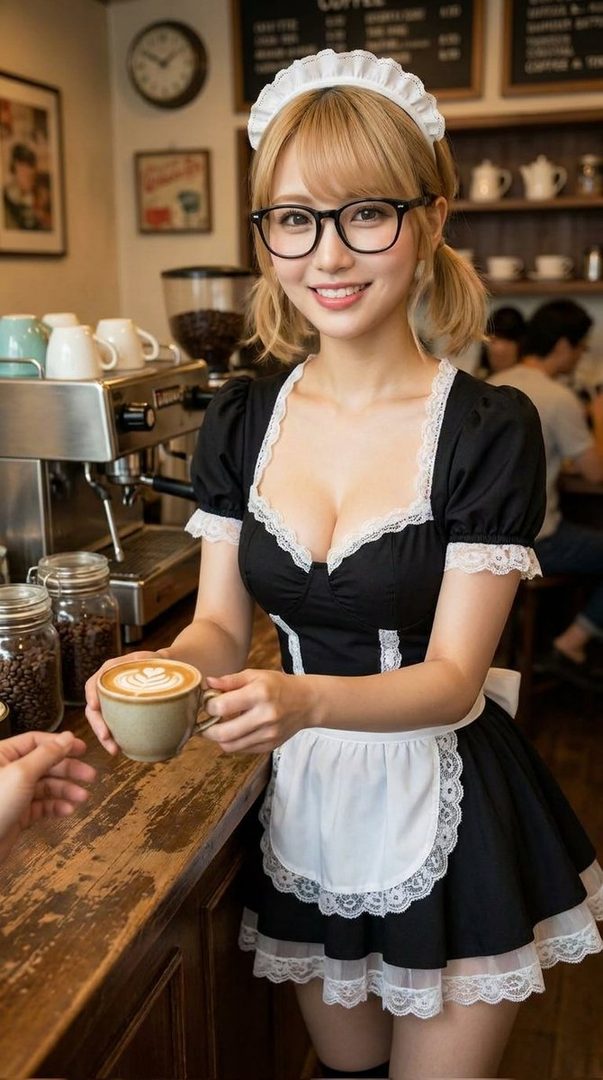 A young woman in a maid outfit with blonde pigtails and glasses smiles while holding a latte at a coffee shop counter.