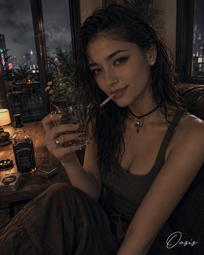 A young woman with long, dark, wet hair sits indoors, holding a glass of whiskey and a cigarette, with a city skyline visible through the window.