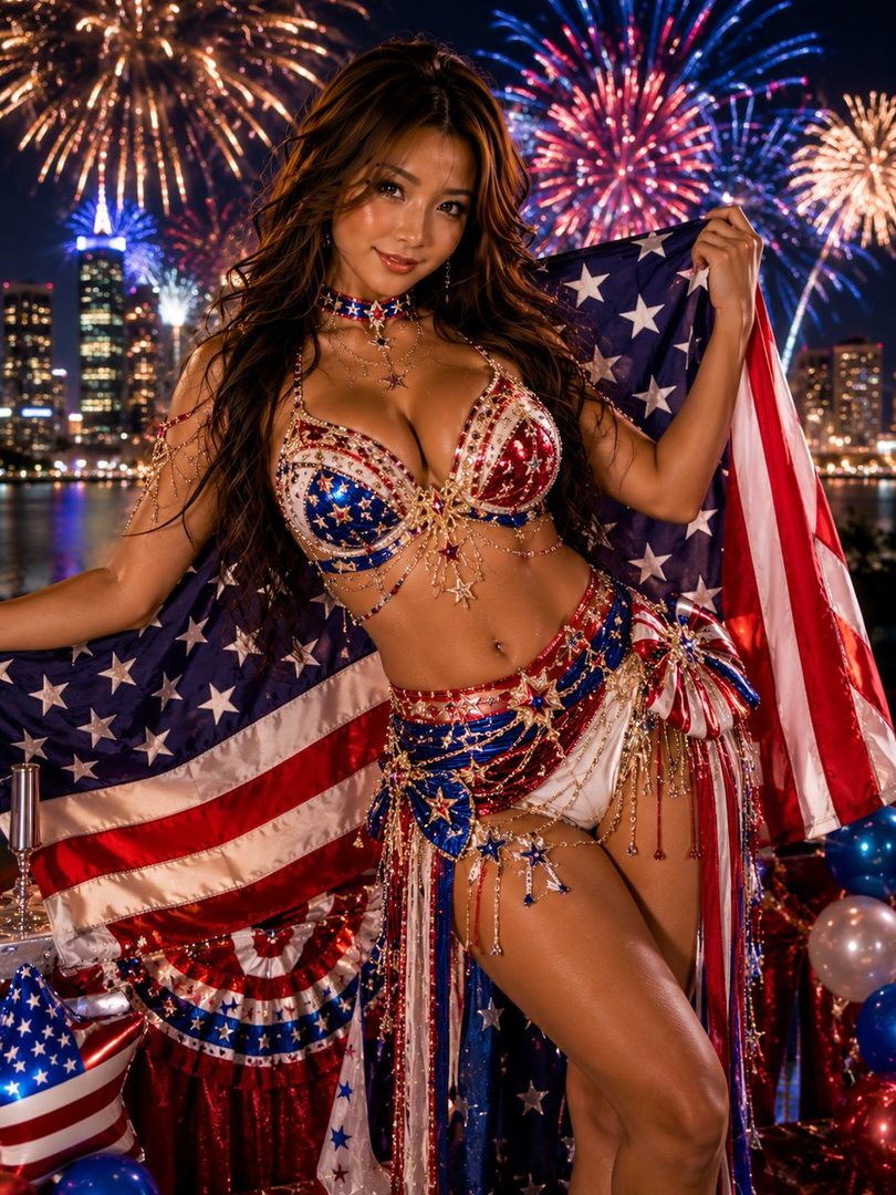 A woman in a patriotic, star-spangled bikini poses with an American flag against a backdrop of fireworks and a city skyline.