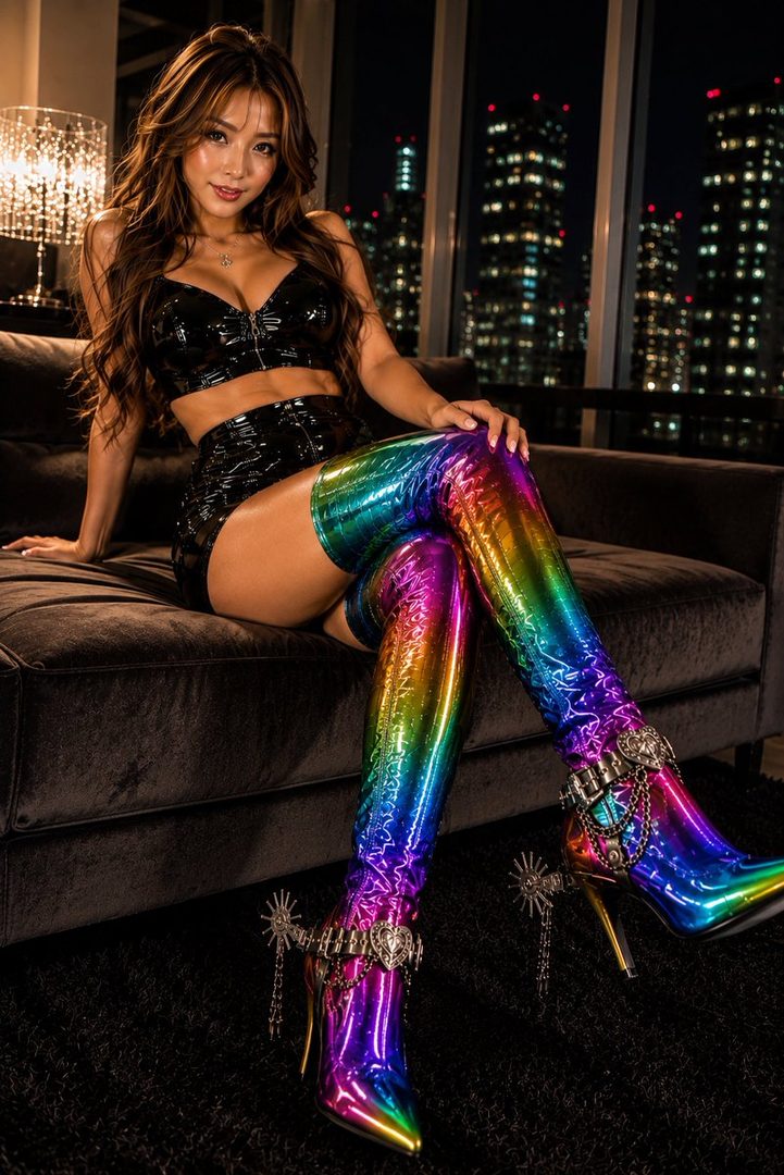 A beautiful East Asian woman with long brown hair, wearing a black vinyl crop top and skirt, and iridescent rainbow thigh-high boots with ornate silver spurs, posing on a sofa in a city apartment at night.