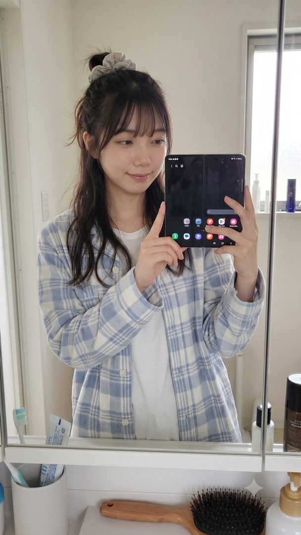 A young East Asian woman with dark hair tied up in a messy bun, wearing a plaid shirt over a white t-shirt, takes a selfie in a bathroom mirror while holding a foldable smartphone.