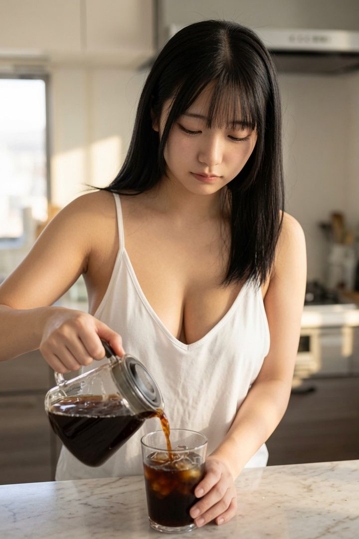 A young woman with long black hair pours iced coffee into a glass in a bright kitchen.