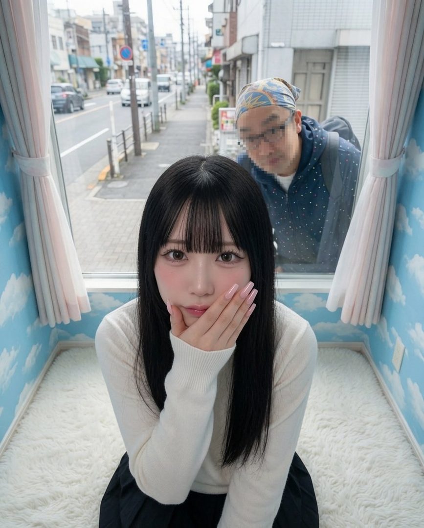 A young woman with long black hair and bangs, wearing a white sweater and black skirt, poses indoors with a fluffy white rug and sky-themed walls. A man is visible through the window behind her.