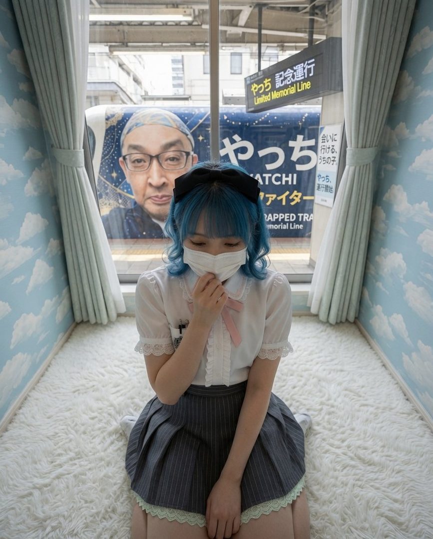 A young woman with blue hair and a face mask sits on a fluffy rug, wearing a white blouse and a pleated skirt. Behind her, a train window shows a poster of a man and Japanese text.