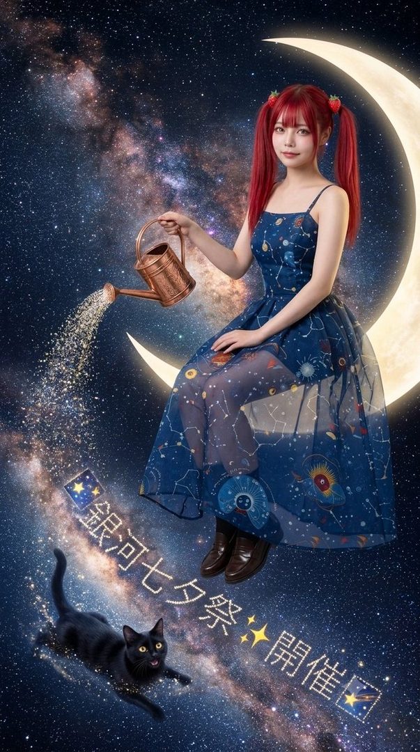 A young woman with red twin-tail hair sits on a crescent moon against a starry night sky, watering a black cat with a watering can.
