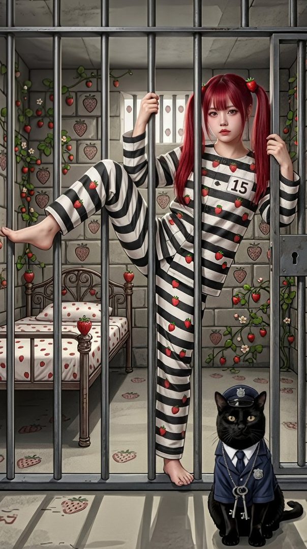 A young woman with bright red twin-tails, wearing a black and white striped prisoner uniform adorned with strawberries, poses playfully inside a jail cell. A black cat dressed as a police officer sits guard.
