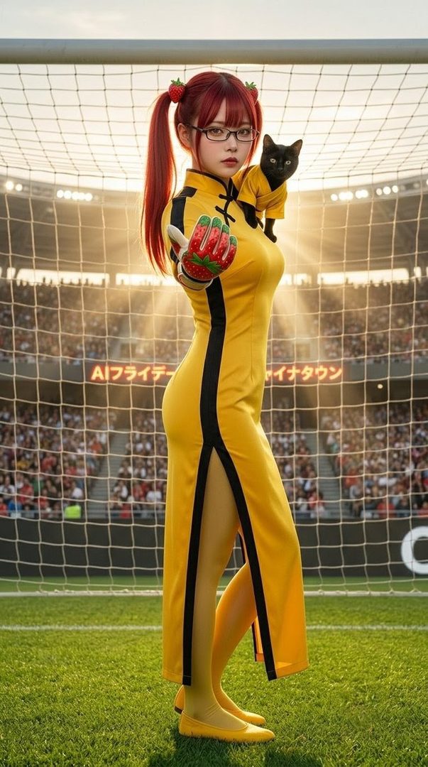 A young woman with red twin-tail hair and glasses, wearing a yellow dress and goalkeeper gloves, holds a black cat while standing on a soccer field.