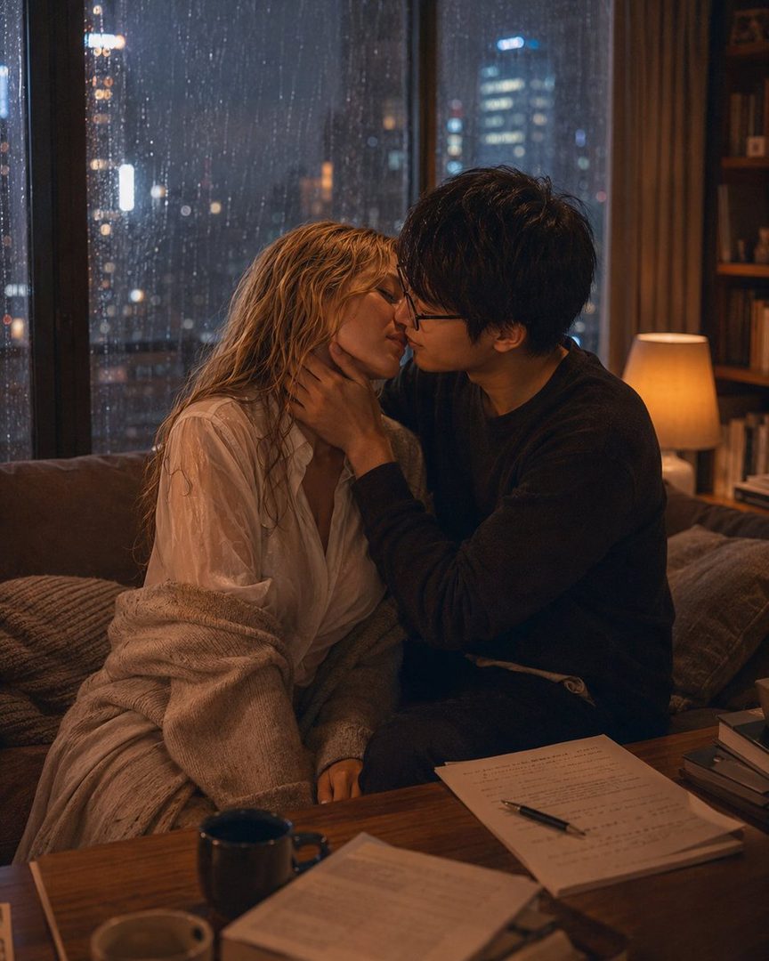 A couple kissing passionately indoors on a rainy night, with city lights visible through the window.