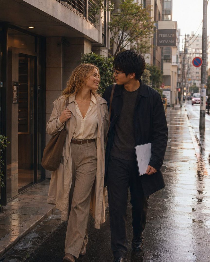 A couple walking down a wet city street, looking at each other.