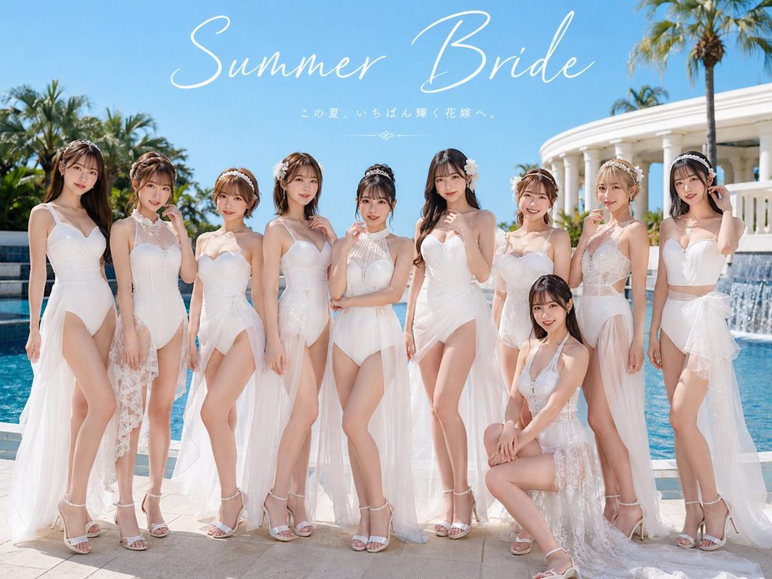 A group of nine young women in white bridal-inspired swimwear pose by a poolside with a tropical resort in the background.