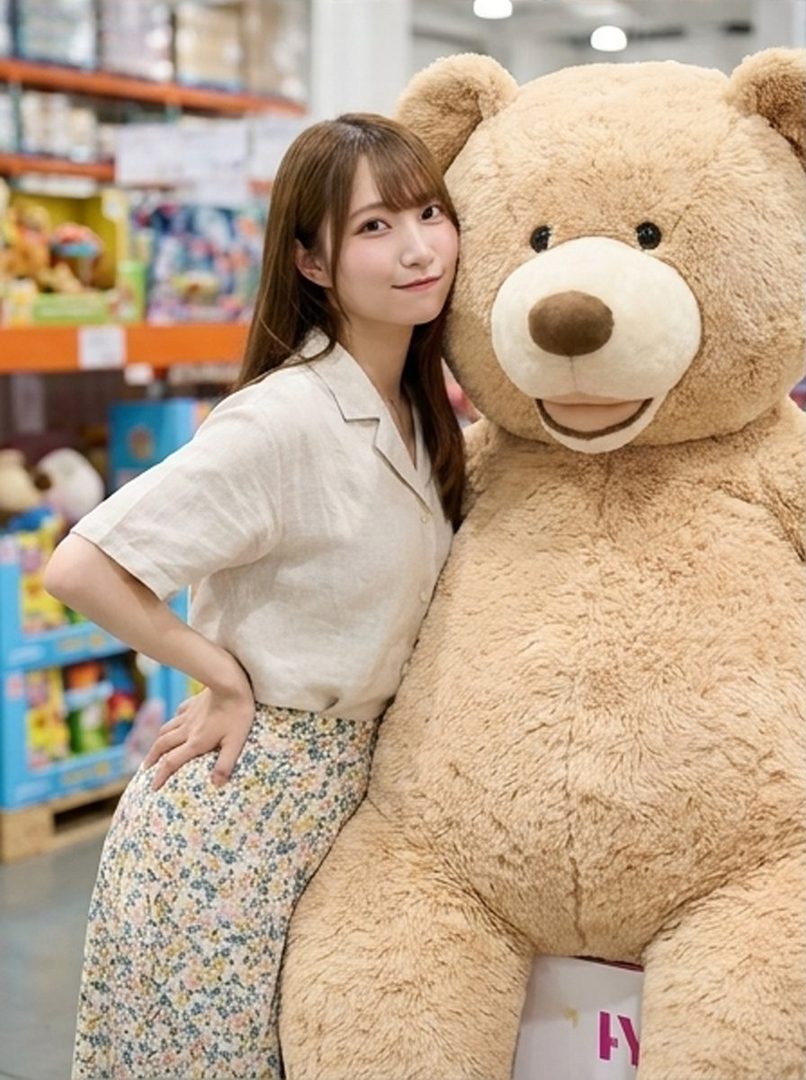 A young woman with long brown hair and bangs, wearing a light-colored collared shirt and a floral skirt, poses playfully next to a giant teddy bear in what appears to be a retail store.