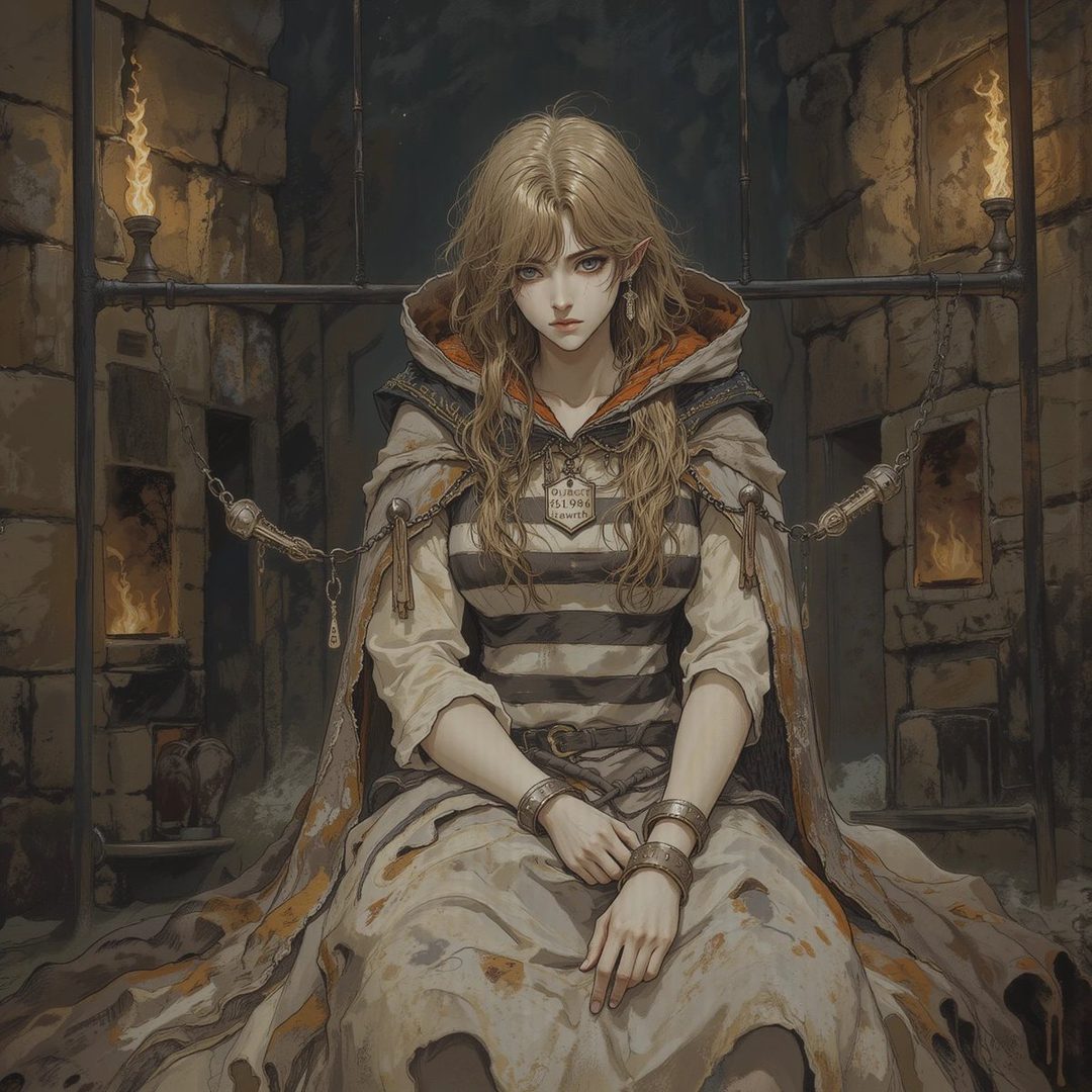 A blonde woman with elf-like ears sits in a dungeon, wearing a hooded cloak over a striped prisoner outfit and shackles.