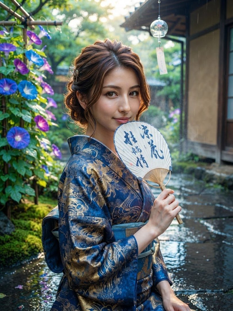 A beautiful Japanese woman in a blue and gold kimono holds a fan, with morning glories and a traditional Japanese house in the background.