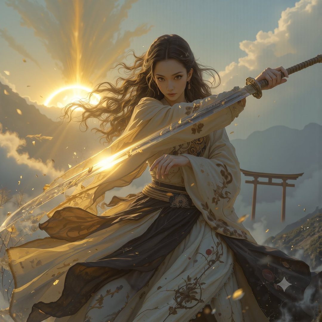 A woman in traditional Japanese attire holds a sword, with a dramatic sunset and mountains in the background.