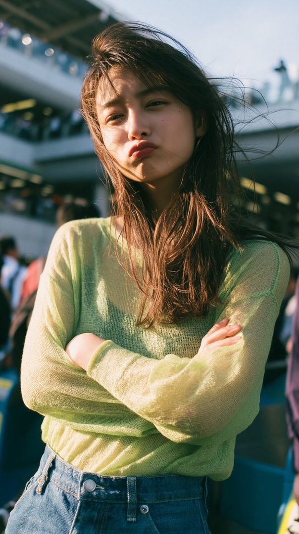 A young woman with long brown hair pouts with her lips pursed, wearing a light green sheer long-sleeved top and denim jeans, with her arms crossed.