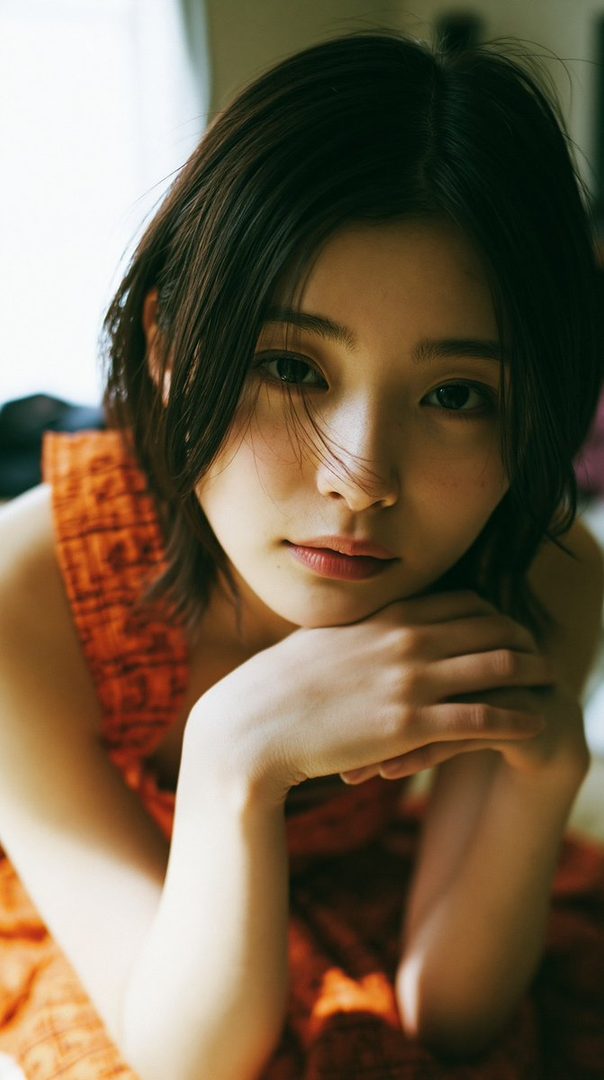 A close-up portrait of a young East Asian woman with short black hair, looking directly at the camera with a soft expression, resting her chin on her hands.
