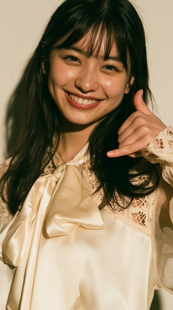 A young East Asian woman with long dark hair and bangs smiles brightly, making a 'call me' gesture with her hand. She is wearing a cream-colored blouse with lace details and a large satin bow.