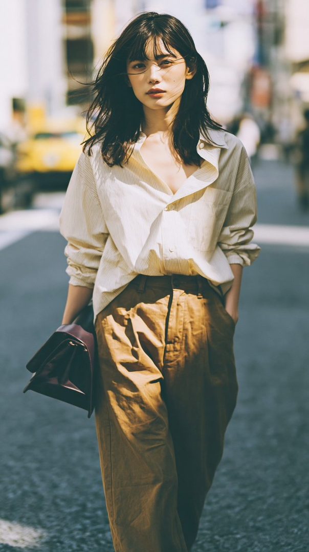 A young East Asian woman with long dark hair and bangs, wearing glasses, a loose-fitting striped shirt, and brown pants, walks down a city street holding a dark red bag.