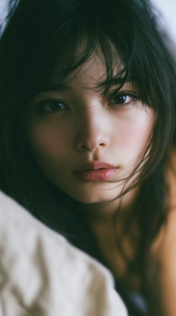 Close-up portrait of a young East Asian woman with dark hair, looking directly at the camera with a soft expression.