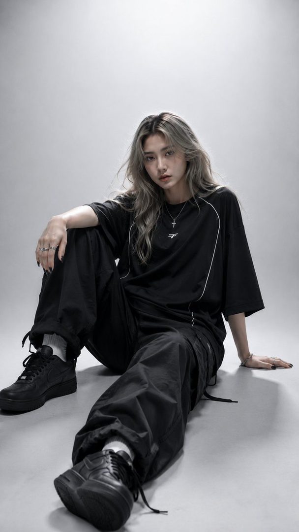 Studio portrait of a young East Asian woman with long, wavy ash blonde hair, wearing an oversized black t-shirt and cargo pants, sitting on a light gray background.