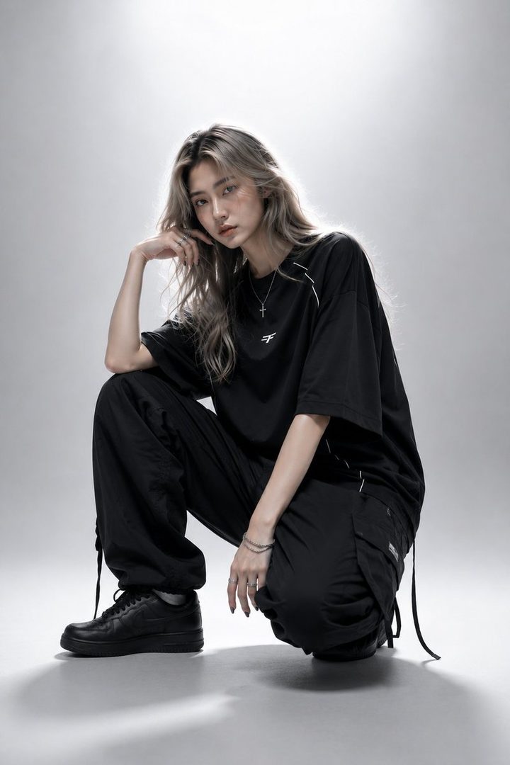 A young woman with long, wavy ash-blonde hair crouches in a studio, wearing an oversized black t-shirt and black cargo pants, with a serious expression.