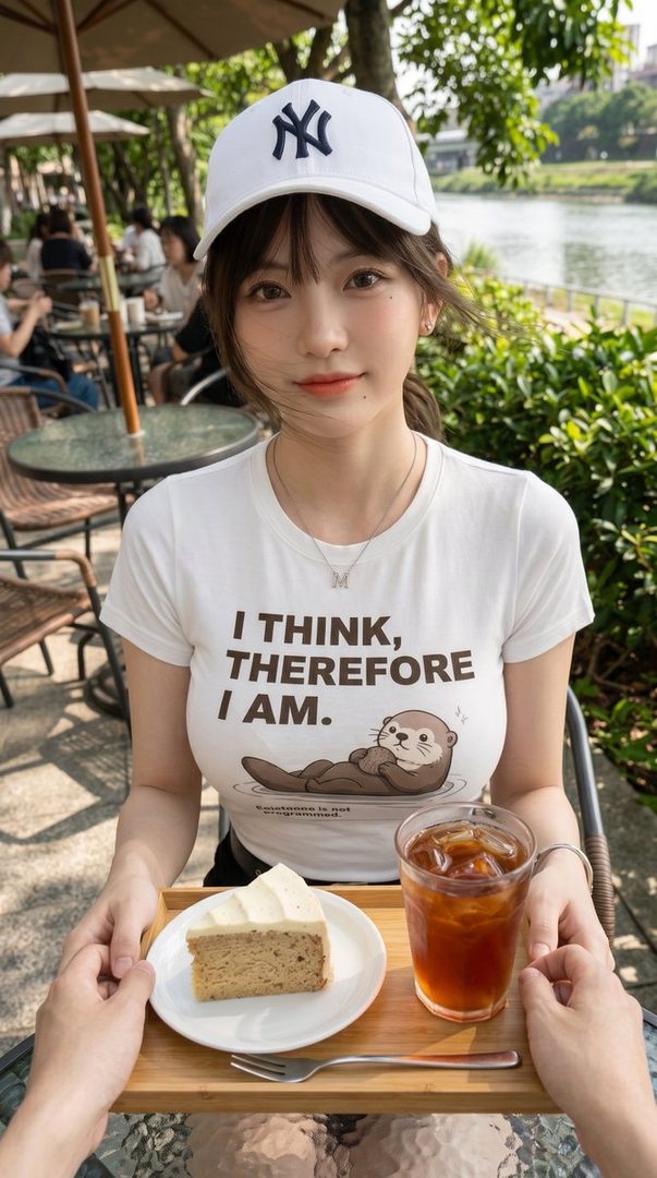 A young East Asian woman wearing a white baseball cap and a t-shirt with a quote and an otter graphic, holding a tray with cake and iced tea.