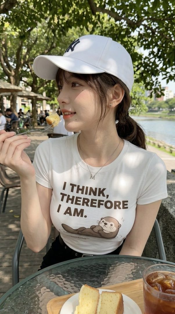 A young East Asian woman wearing a white t-shirt and a white baseball cap, eating cake outdoors.