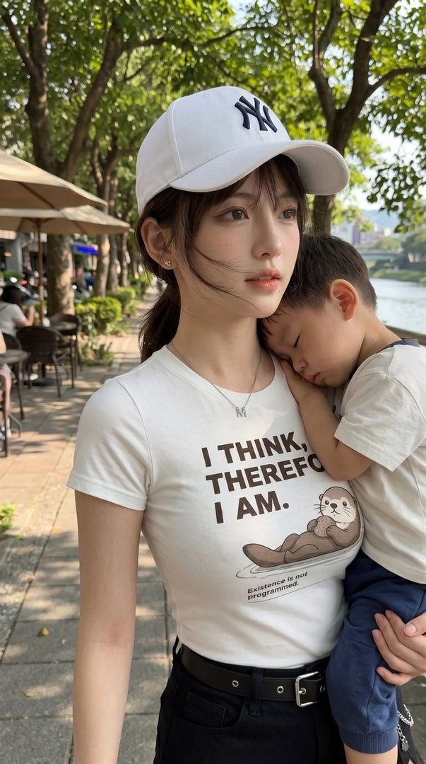 A young woman wearing a white baseball cap and a t-shirt with a quote, holding a sleeping child in her arms outdoors.