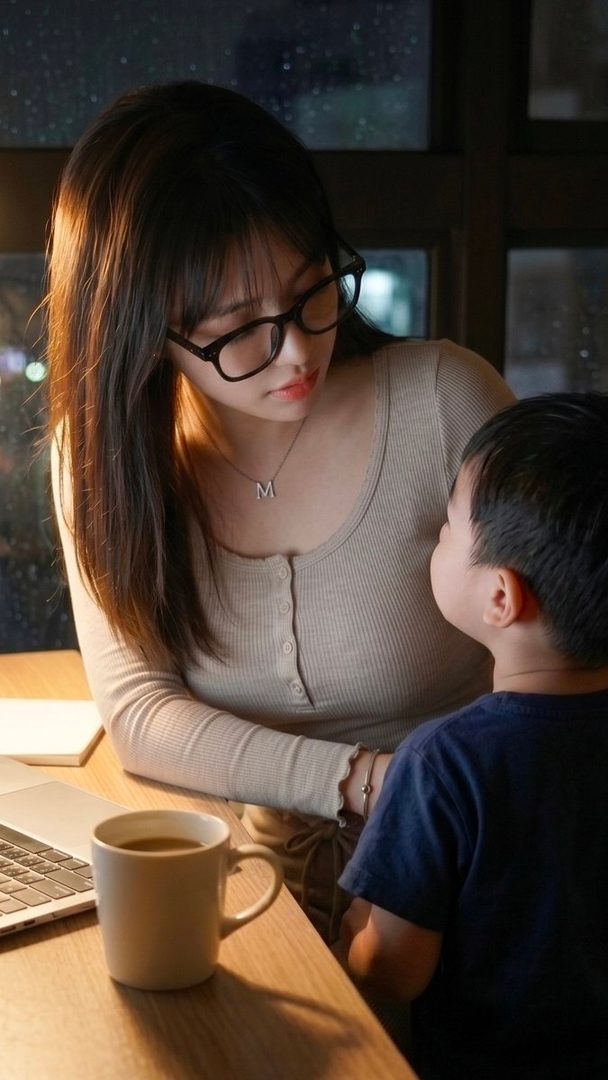 A woman wearing glasses and a beige top looks down at a young child, with a laptop and coffee mug on the table.