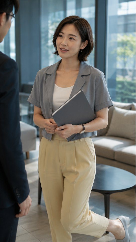 A professional woman in a grey short-sleeved blazer and pale yellow tapered pants, holding a folder, conversing with a colleague in an office setting.