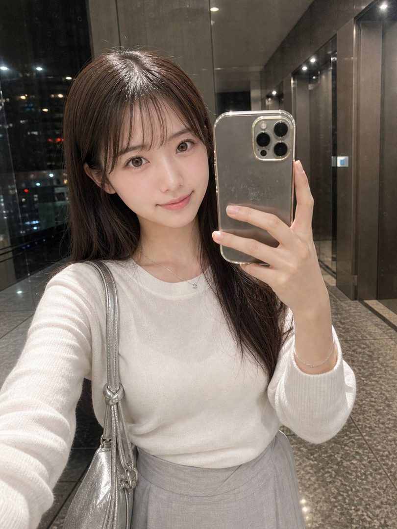 A young East Asian woman with long brown hair and bangs takes a selfie in an indoor setting, wearing a white knit sweater and a grey skirt, holding a silver bag.