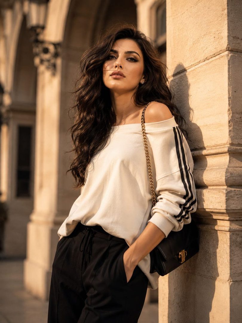 A fashion portrait of a woman with long, dark, wavy hair, wearing an off-the-shoulder sweatshirt and black trousers, leaning against a stone pillar outdoors during golden hour.