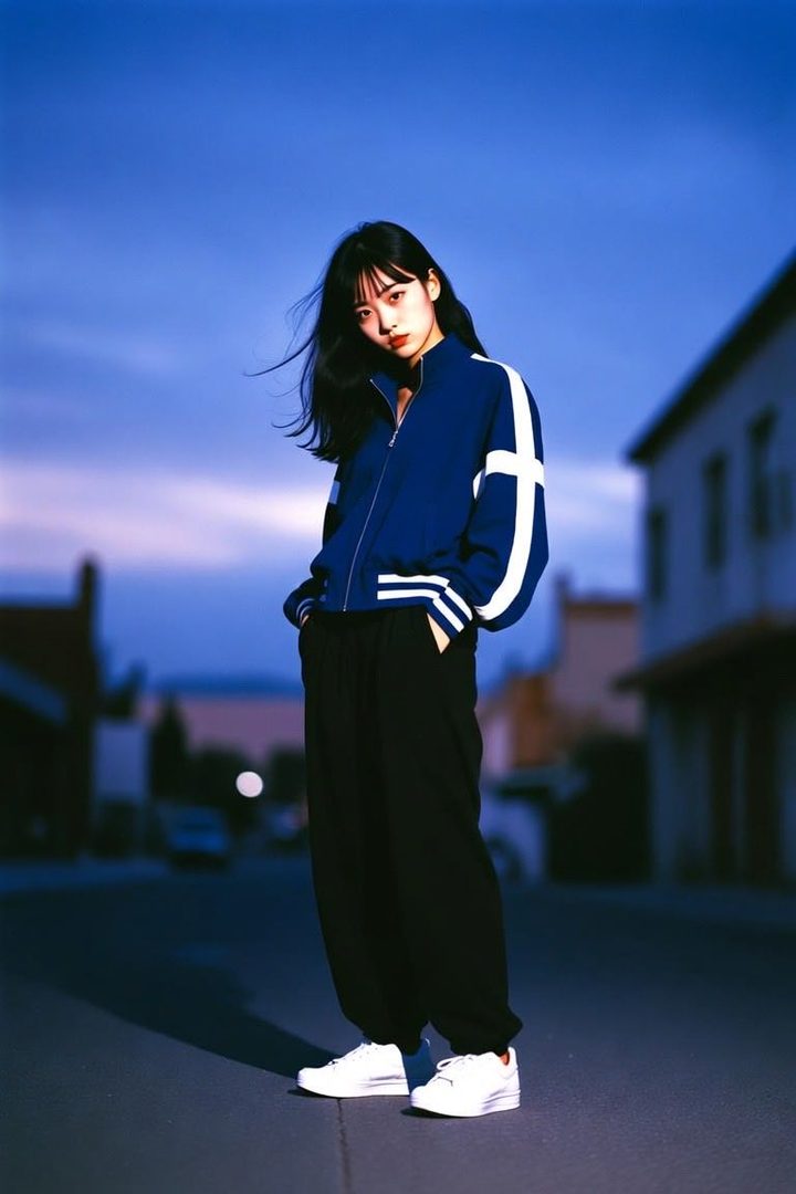 A young woman with long black hair stands on a street at dusk, wearing a blue and white track jacket and black pants.