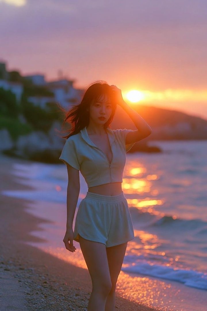 A young woman in a light blue crop top and shorts stands on a beach at sunset, with the sun reflecting on the water.