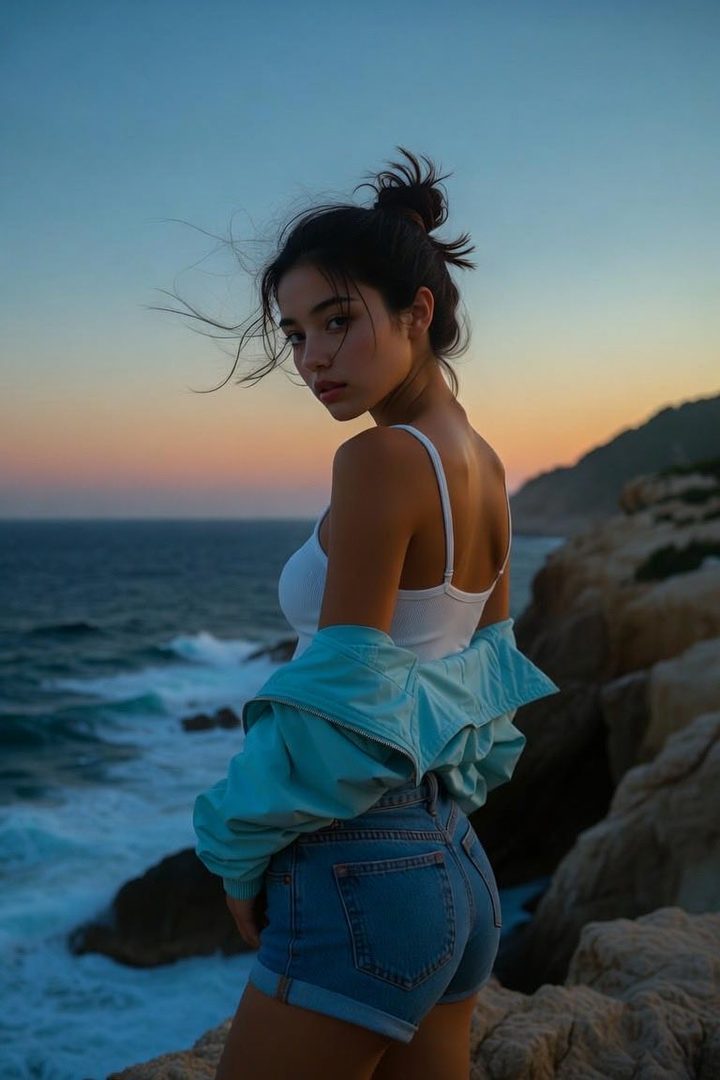 A young woman with her hair in a messy bun, wearing a white tank top and denim shorts, poses on a rocky cliff overlooking the ocean at sunset.