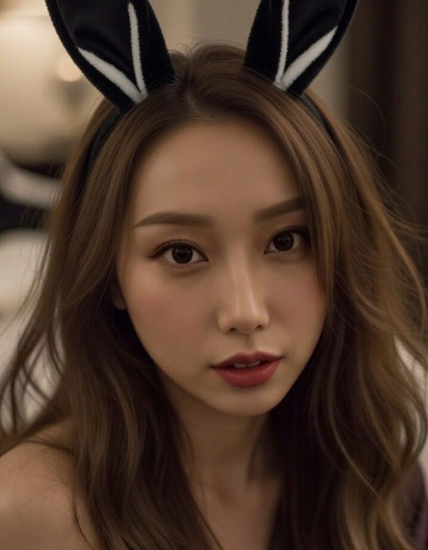 A beautiful East Asian woman with long brown hair and bunny ears, looking directly at the camera with a gentle expression.