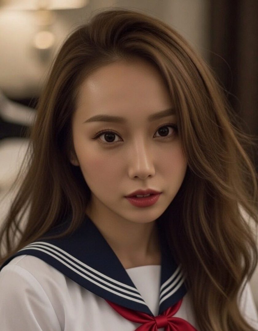 A beautiful young East Asian woman with long brown hair, wearing a sailor-style school uniform with a red ribbon, looking directly at the camera with a gentle expression.