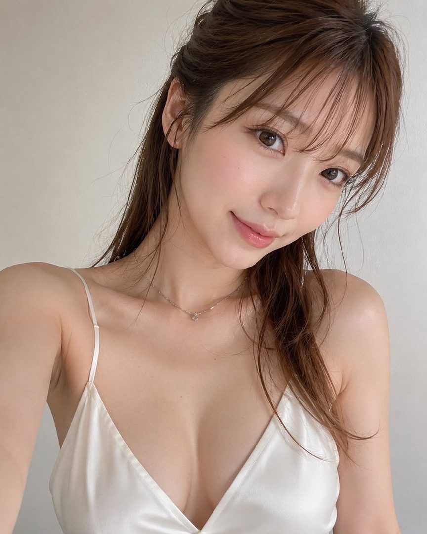 A beautiful young East Asian woman with long brown hair, wearing a white satin camisole and a delicate necklace, smiles gently at the camera in a close-up portrait.