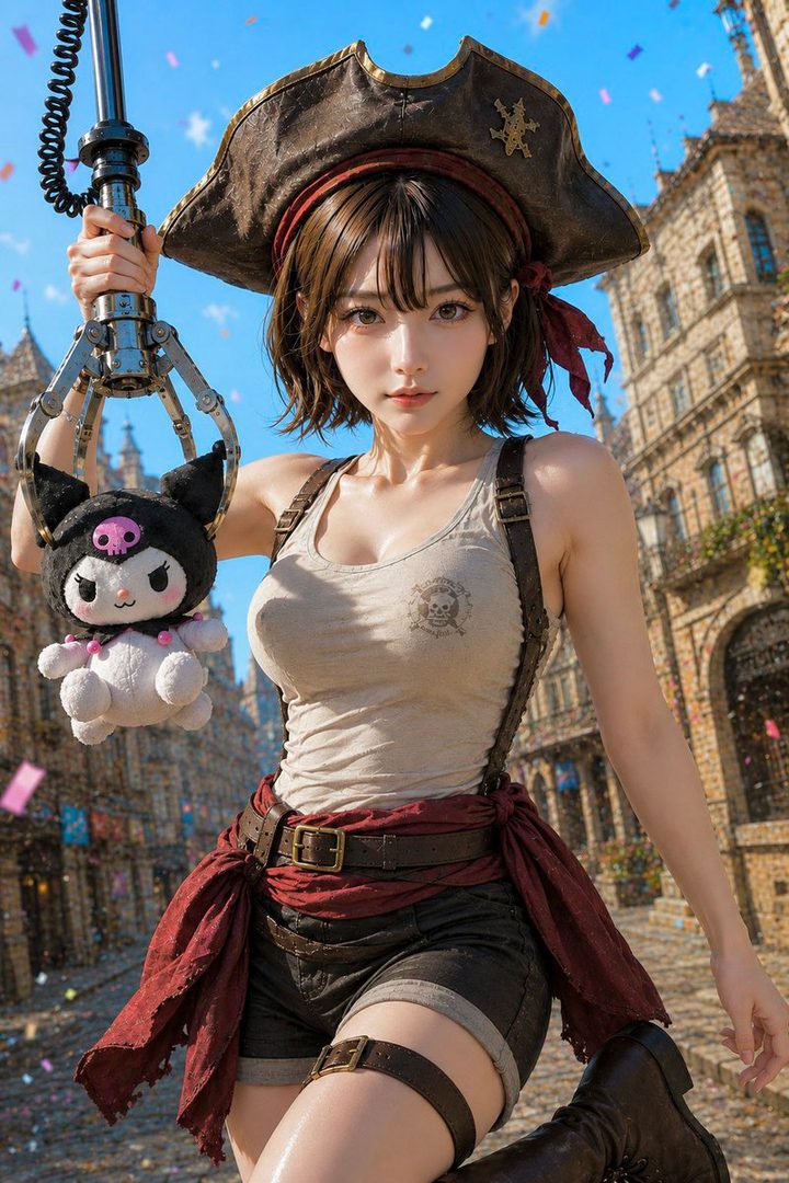 A young woman dressed as a pirate, holding a plush toy, stands in a European-style city street with confetti falling.