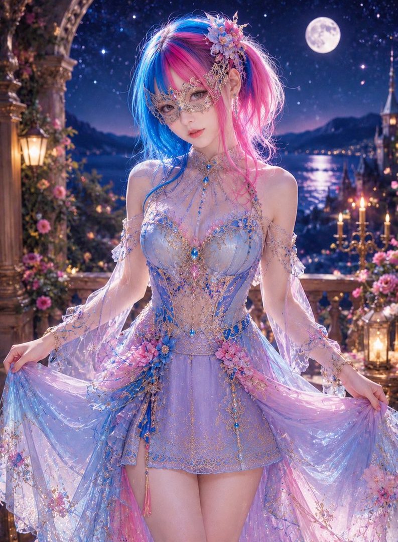 A young woman with vibrant blue and pink hair, wearing an ornate mask and a flowing, sparkling dress, stands on a balcony at night with a castle and moonlit sea in the background.